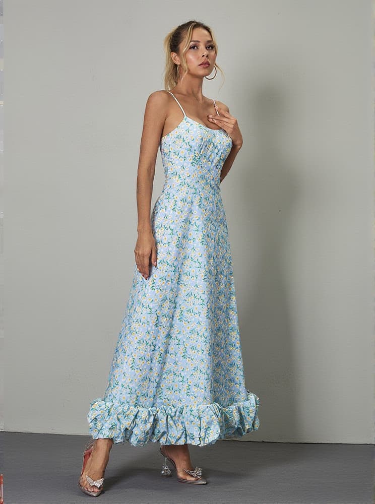 Ilsa Spaghetti Floral Maxi Dress In Blue