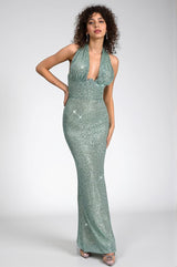 Louiza Sequin Halterneck Cinched Waist Dress