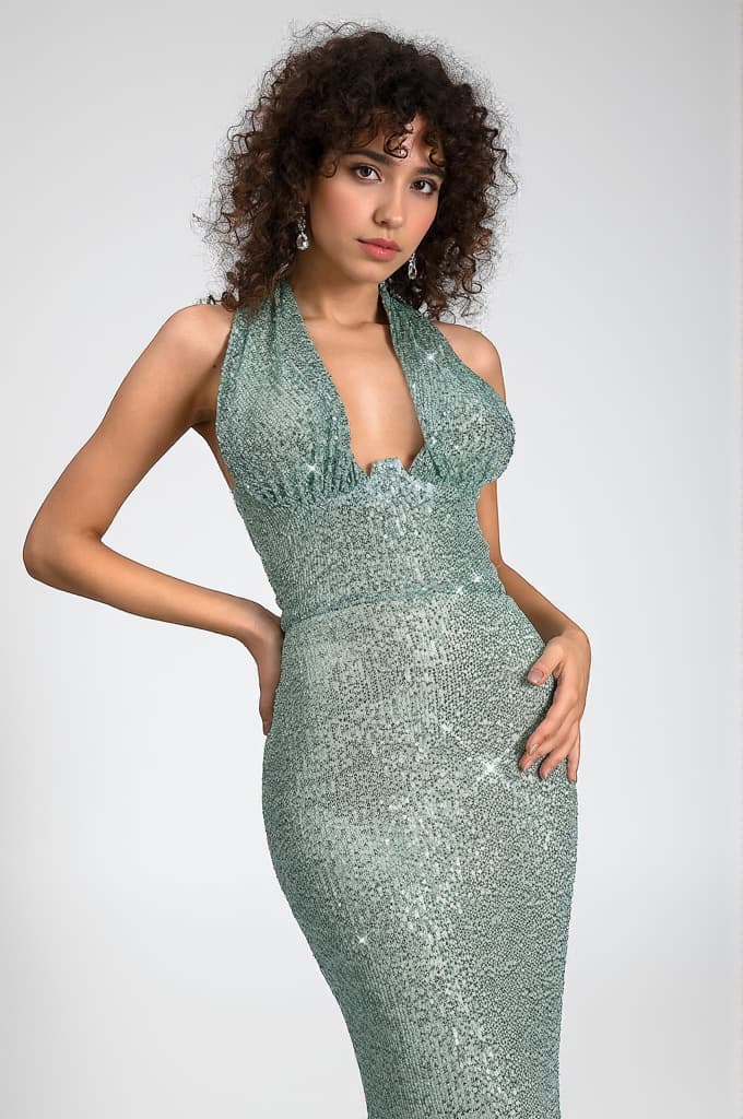 Louiza Sequin Halterneck Cinched Waist Dress