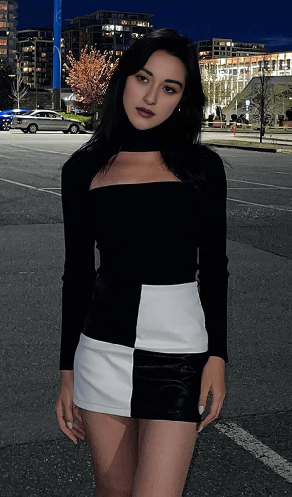 High waist contrast leather skirt