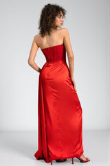 Tyisha Off Shoulder Corset Satin Pleat Dress