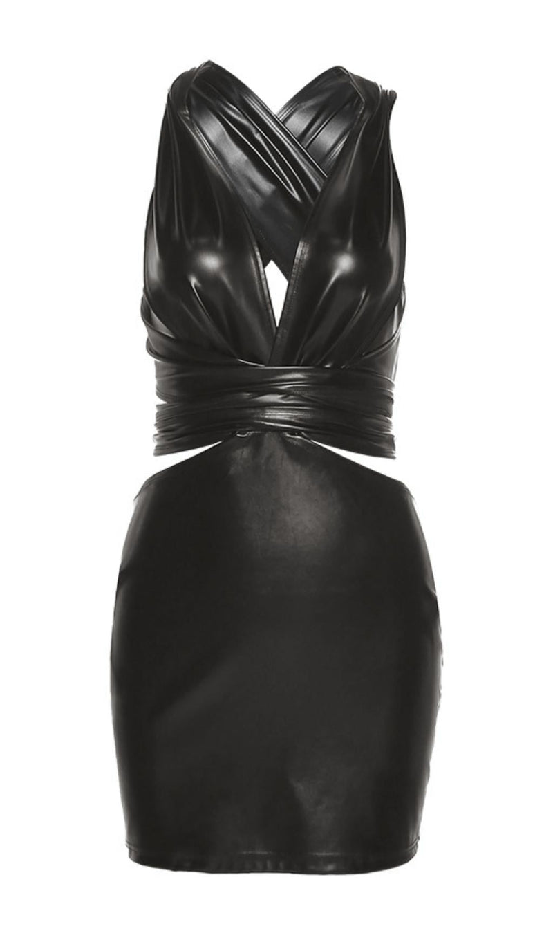 Low-cut hollow faux leather dress