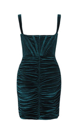 EMERALD VELVET RUCHED MINI DRESS