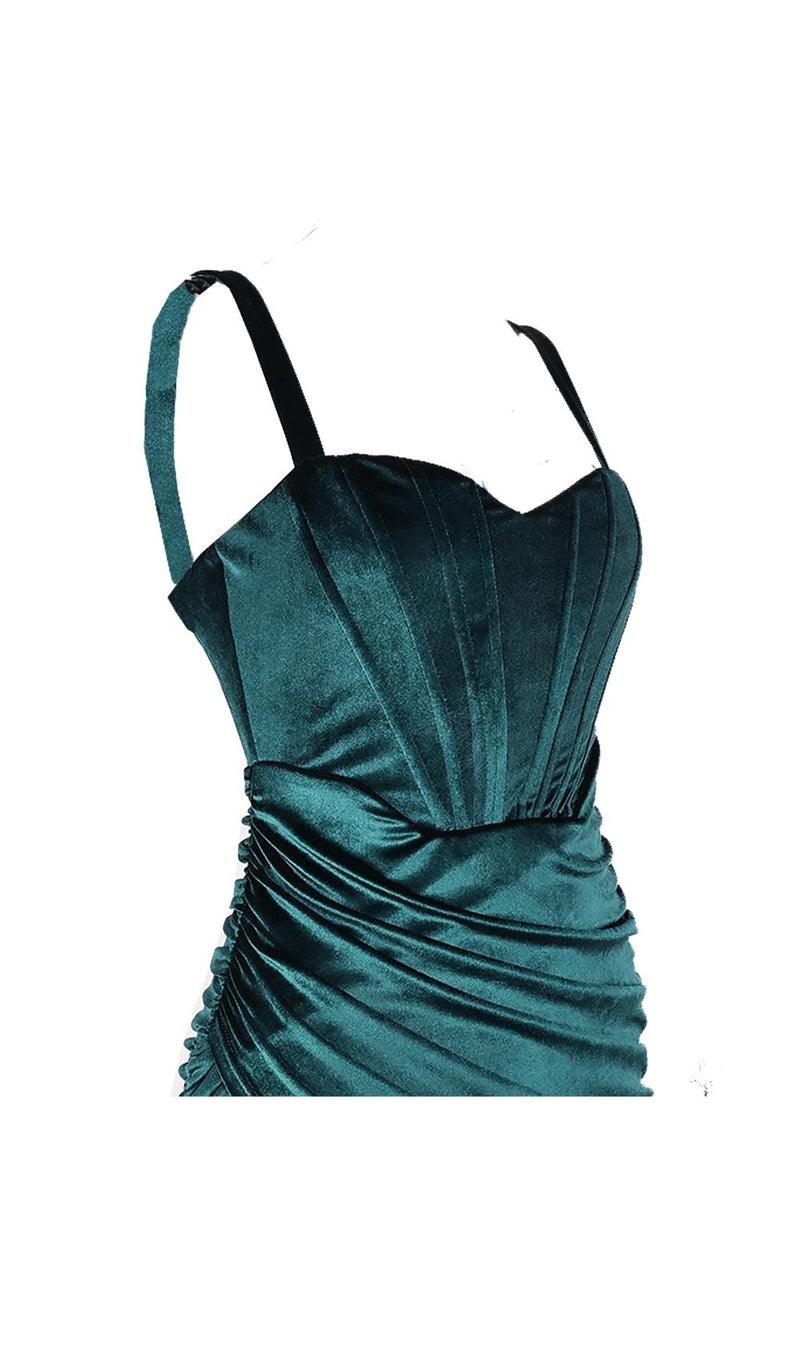 EMERALD VELVET RUCHED MINI DRESS