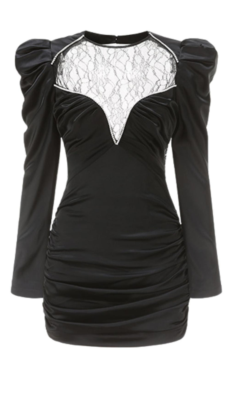 LACE V NECK LONG SLEEVE MINI DRESS IN BLACK