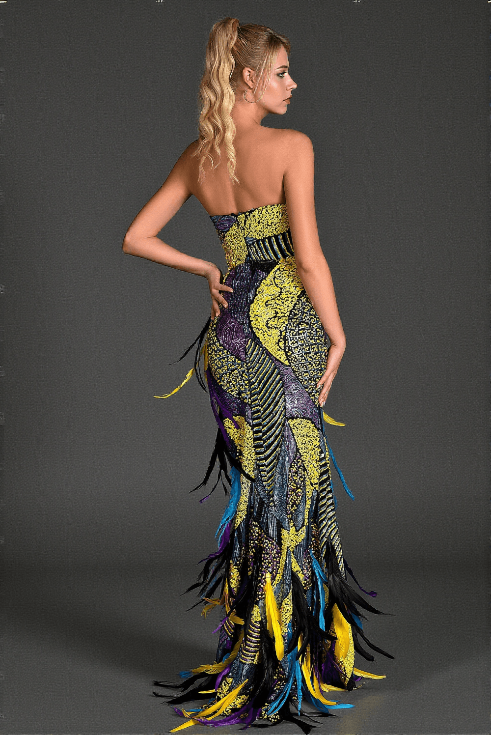 Minilis Corset Feather High Slit Dress