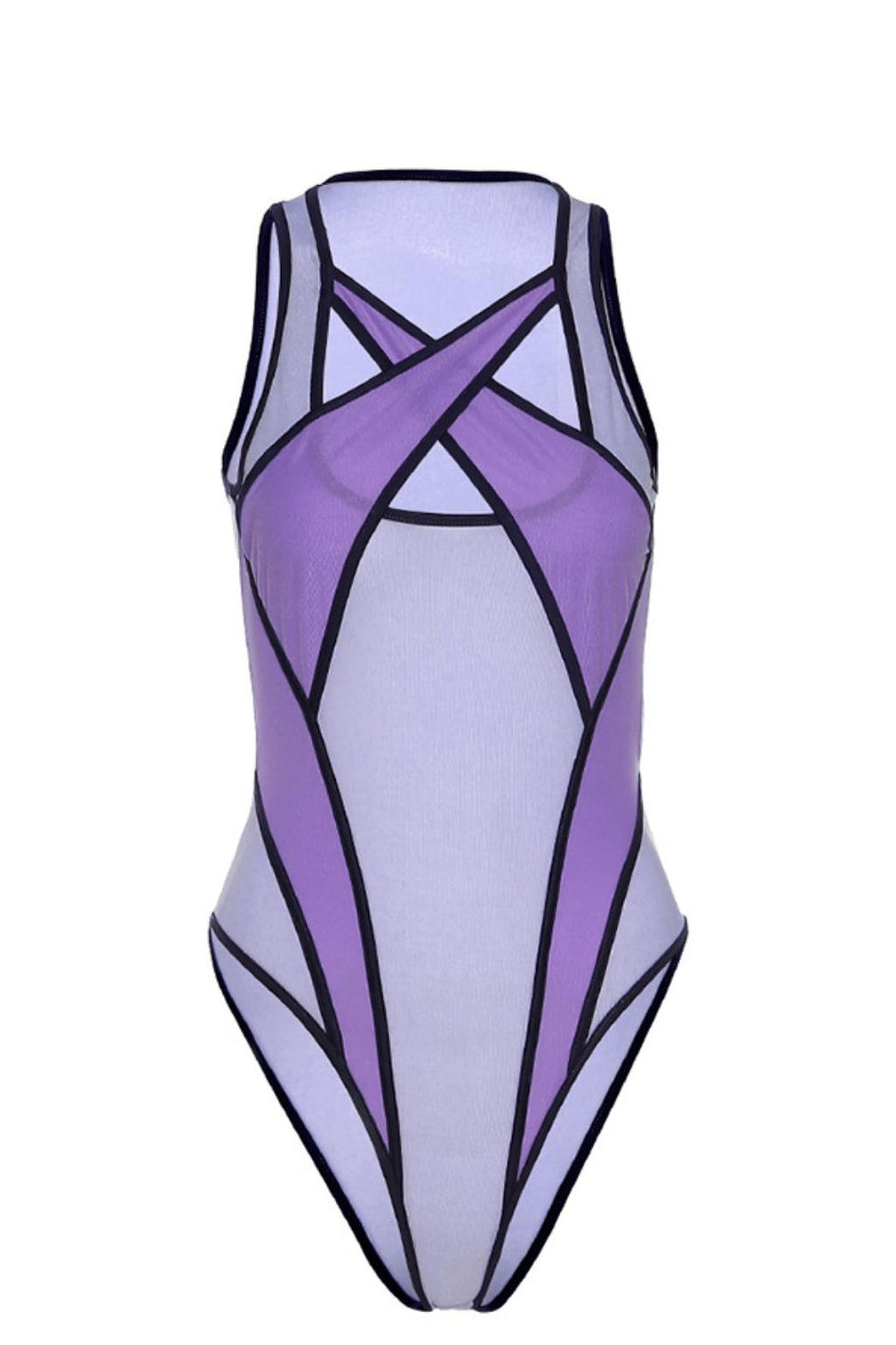 Purple Contrast panel mesh bodysuit.