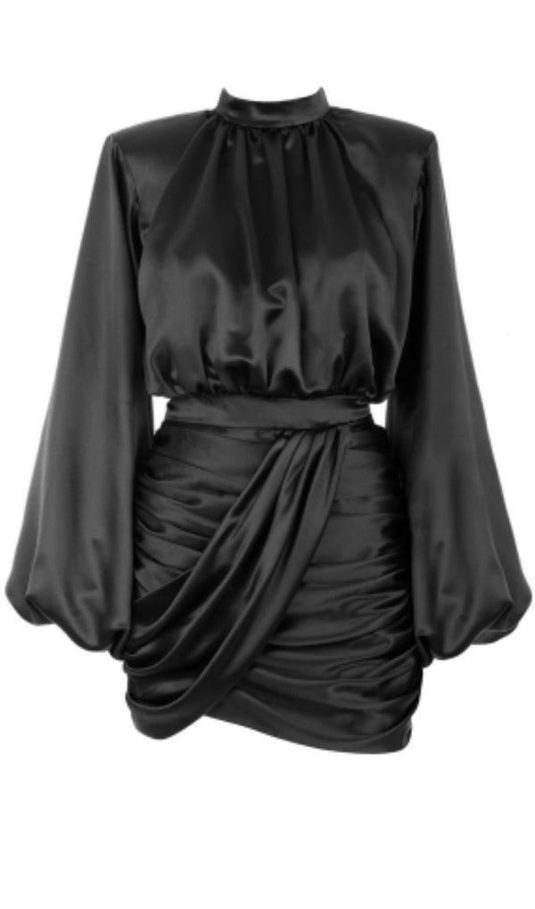 BLACK HEAVY SATIN HIGH NECKED DRAPED DRESS