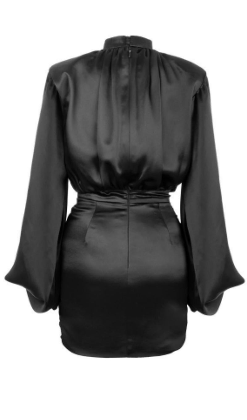 BLACK HEAVY SATIN HIGH NECKED DRAPED DRESS