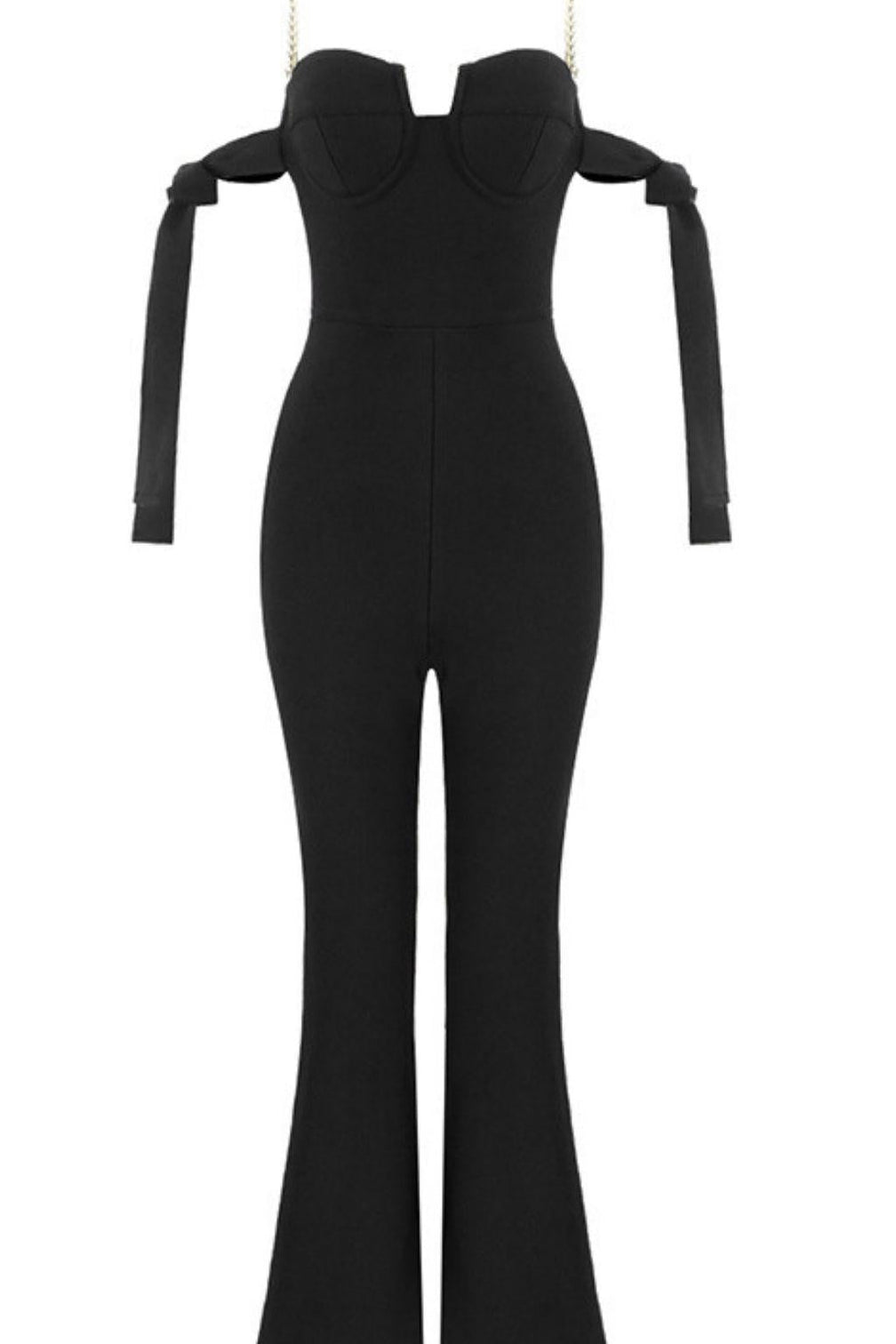BLACK BANDAGE WAIST CINCHING JUMPSUIT
