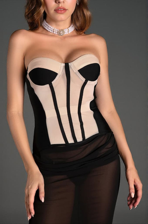 Christos Strapless Mesh Corset Sheer Dress