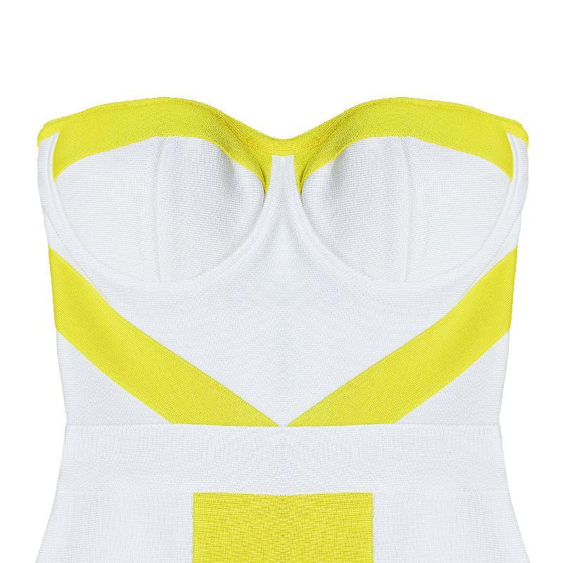 YELLOW AND WHITE STICHING BANDAGE DRESS