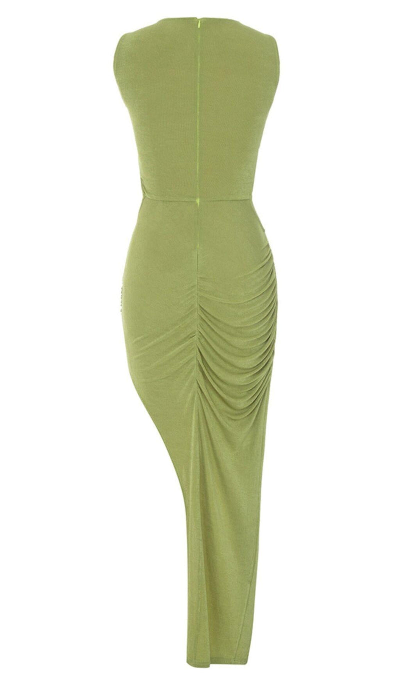 CUT OUT RUCHED MIDI DRESS IN GREEN