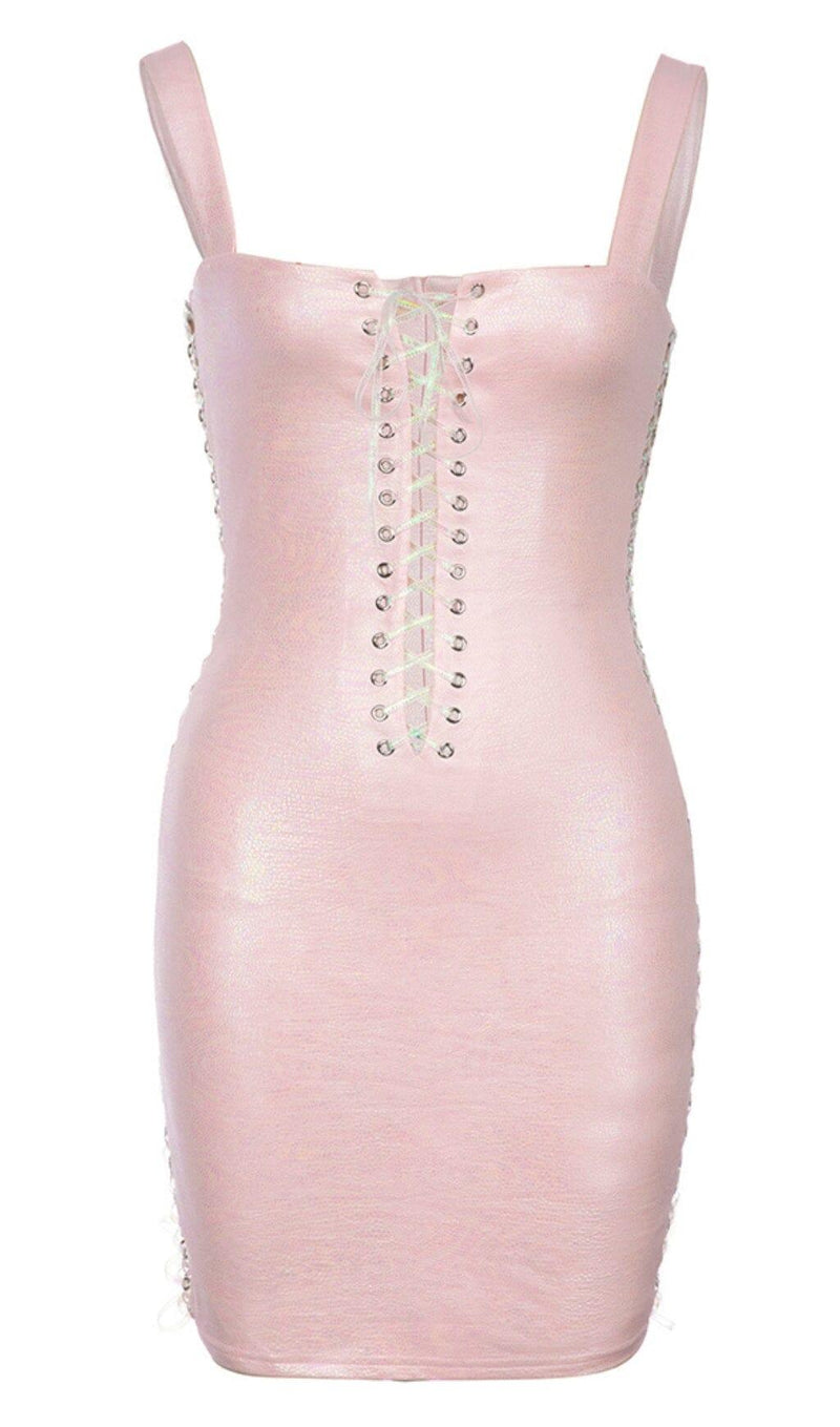 EYELET LACE UP BODYCON DRESS IN PINK