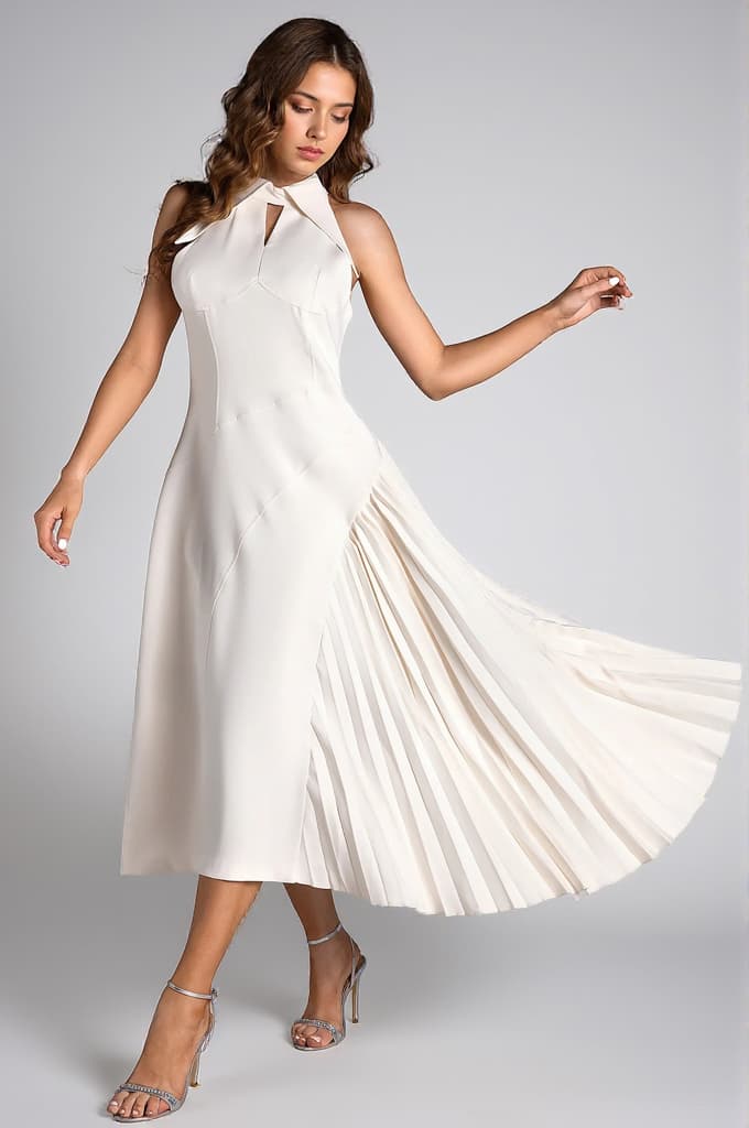 Debby White Halter Neck Pleated Semi Formal Dress