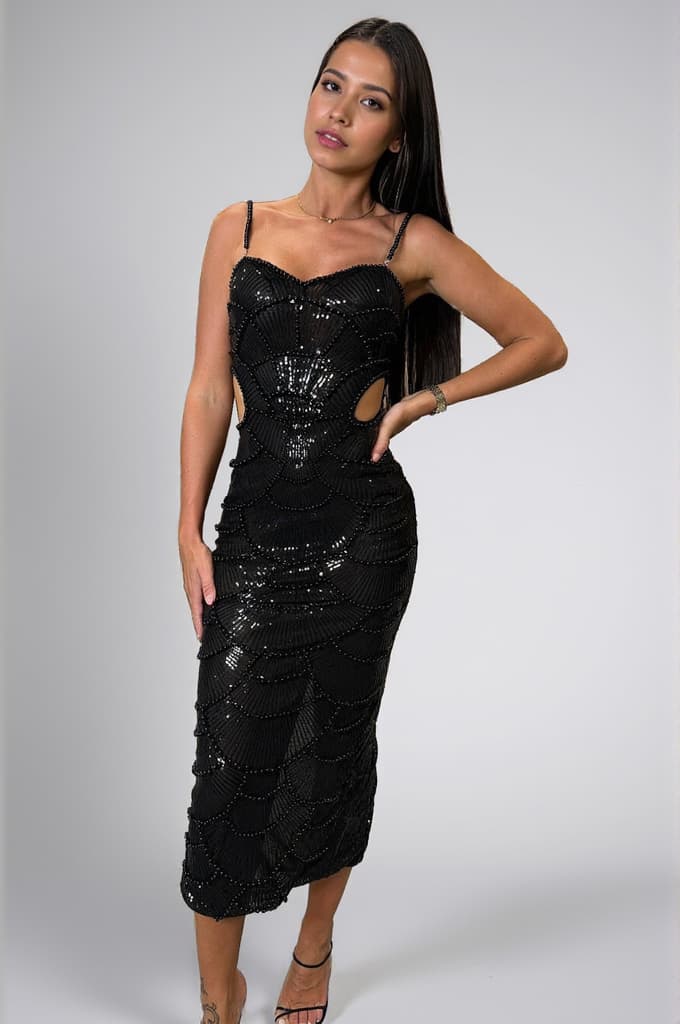 Ifigeneia Pearl Sequin Cut Out Midi Dress