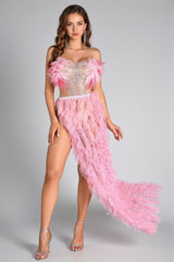 Eftychia Pink Feather High Slit Backless Dress