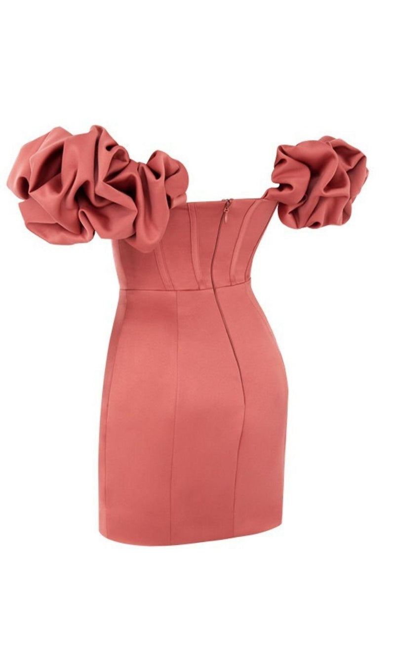 SATIN RUFFLE STRAPLESS MINI DRESS IN ROSE PINK