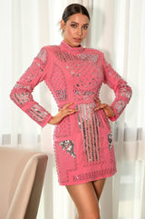 Magdalini Pink High Collar Palace Rhinestone Beads Dress