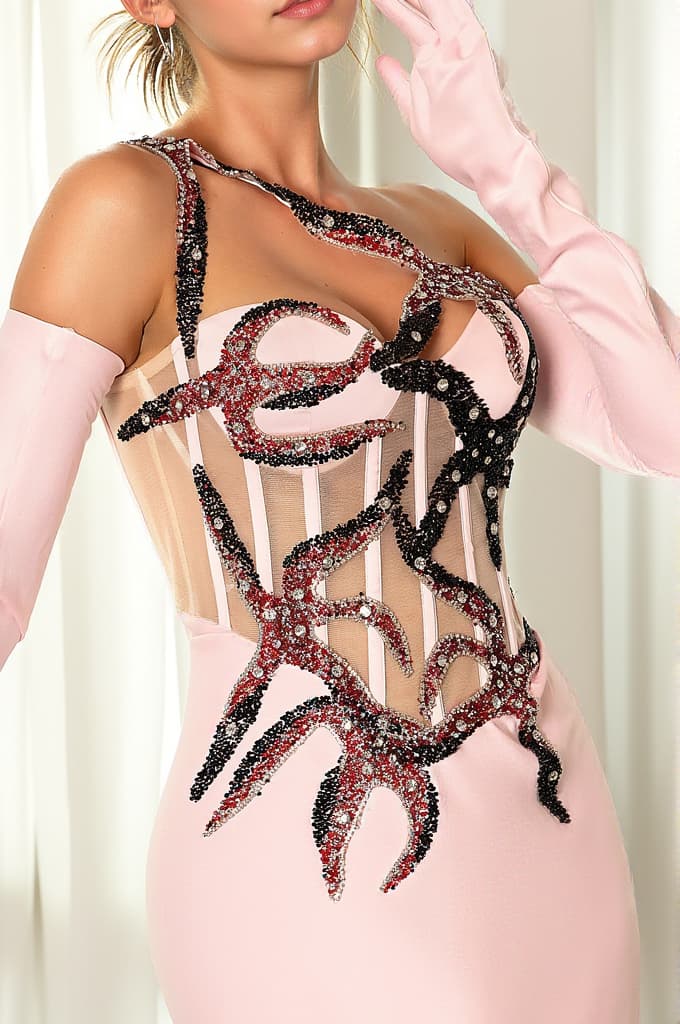 Babis Embroidered Corset Mermaid Evening Dress With Gloves