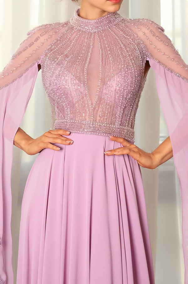 Stathiade Beaded Cape See-Through Evening Gown Dress