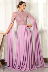 Stathiade Beaded Cape See-Through Evening Gown Dress