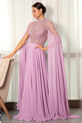 Stathiade Beaded Cape See-Through Evening Gown Dress