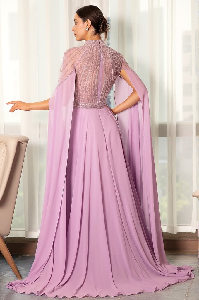 Stathiade Beaded Cape See-Through Evening Gown Dress