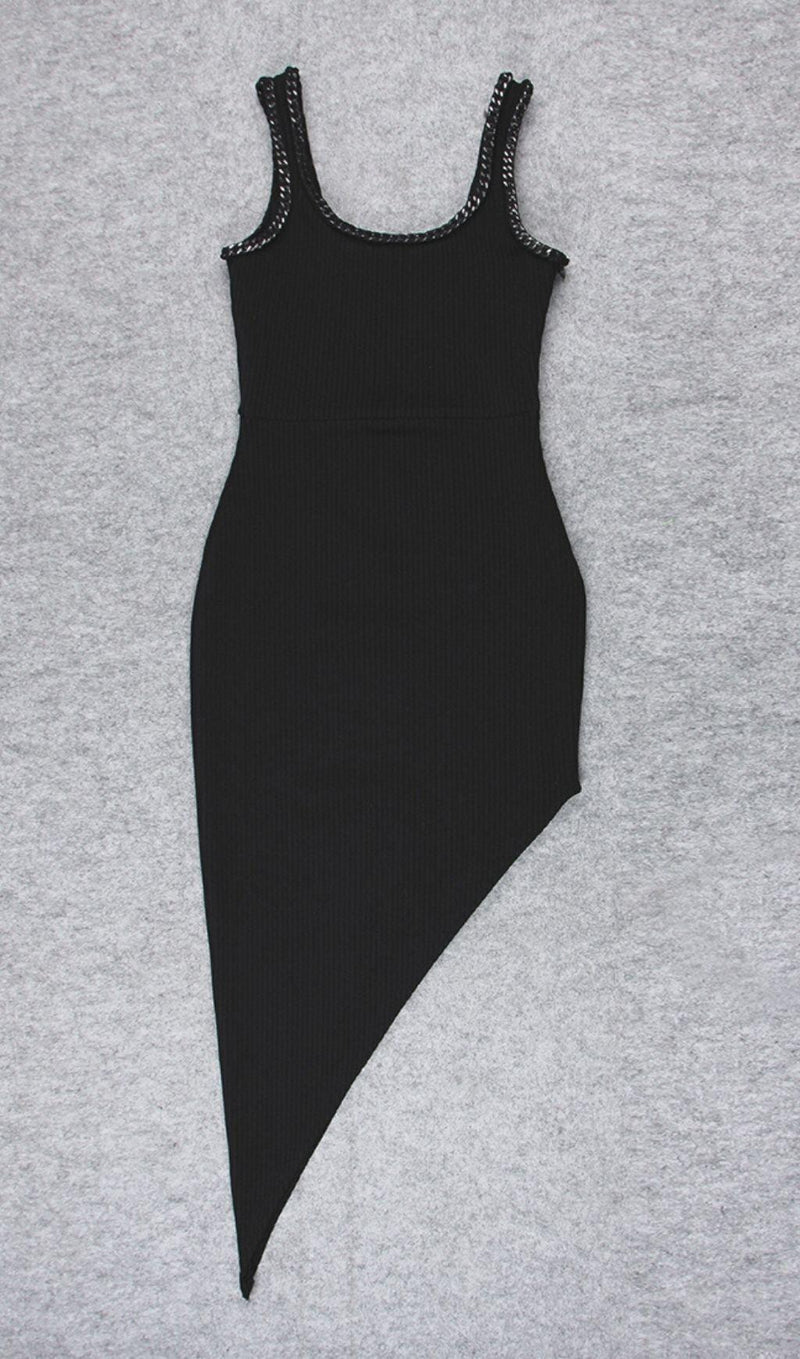 ASYMMETRIC BANDAGE MIDI DRESS IN BLACK