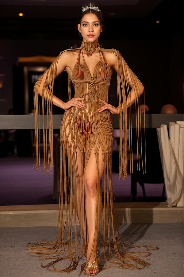 Vallellis Bohemian Brown Braided Fringe Cover Up Dress