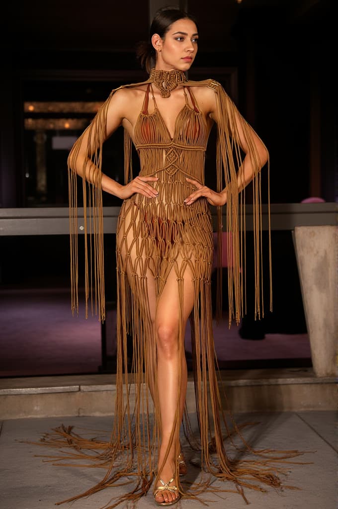 Vallellis Bohemian Brown Braided Fringe Cover Up Dress