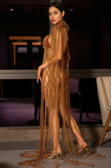 Vallellis Bohemian Brown Braided Fringe Cover Up Dress