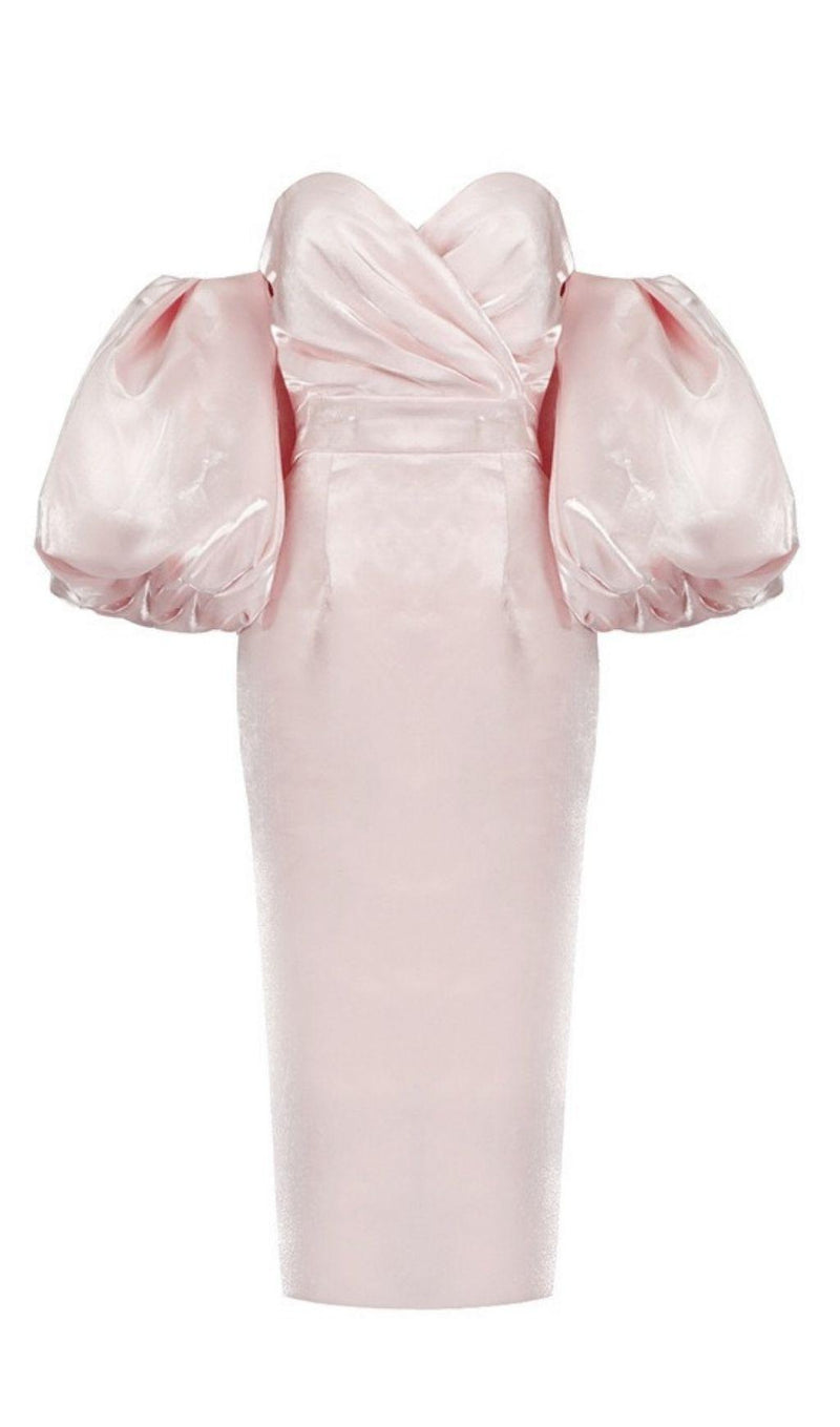 SATIN STRAPLESS MIDI DRESS IN PINK