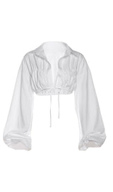 LAPEL LANTERN SLEEVE LACE SHIRT TOP