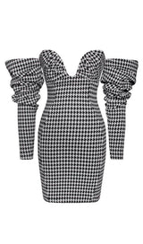 HOUNDSTOOTH WORD SHOULDER WRAP DRESS