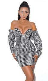 HOUNDSTOOTH WORD SHOULDER WRAP DRESS