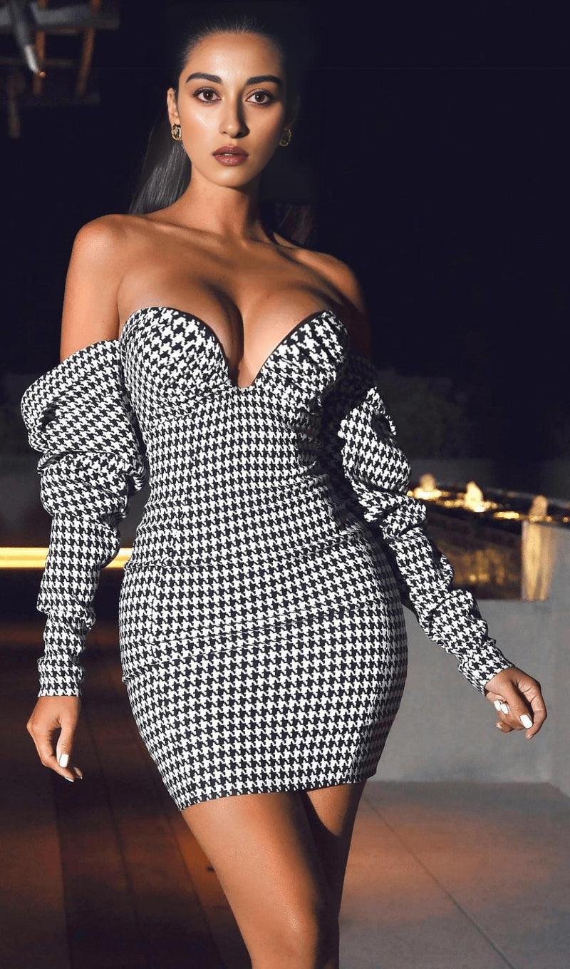 HOUNDSTOOTH WORD SHOULDER WRAP DRESS