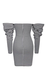 HOUNDSTOOTH WORD SHOULDER WRAP DRESS