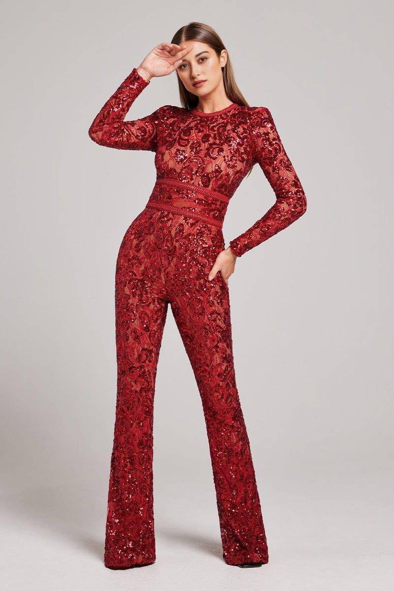 Embellished Lace Red Jumpsuit