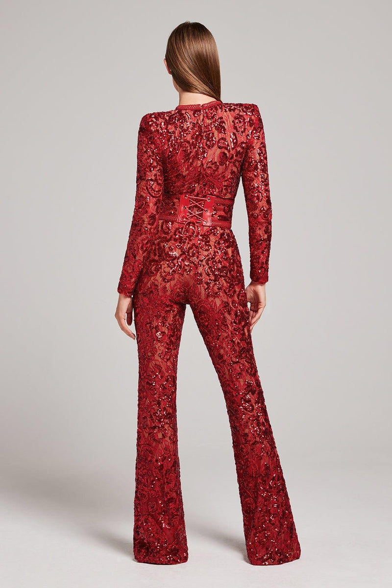 Embellished Lace Red Jumpsuit