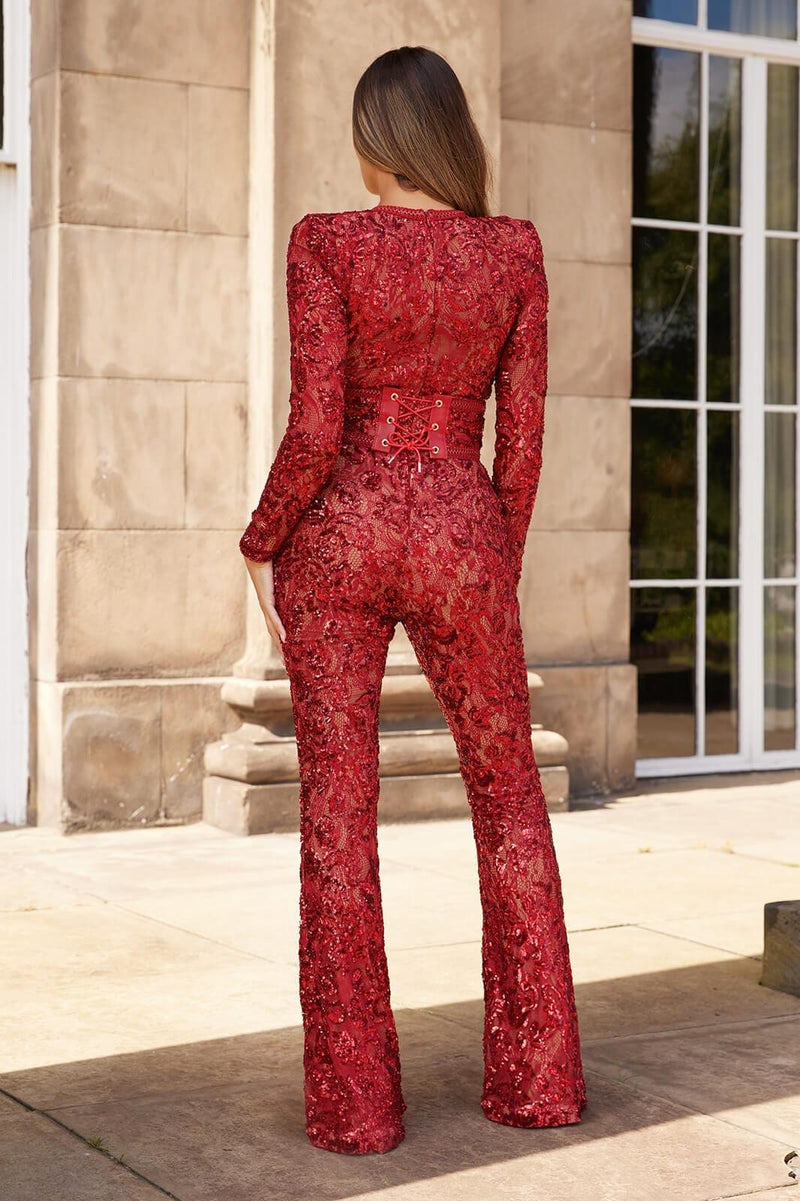 Embellished Lace Red Jumpsuit