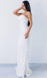 WHITE SEQUIN LACE STRAPLESS MAXI DRESS