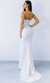 WHITE SEQUIN LACE STRAPLESS MAXI DRESS