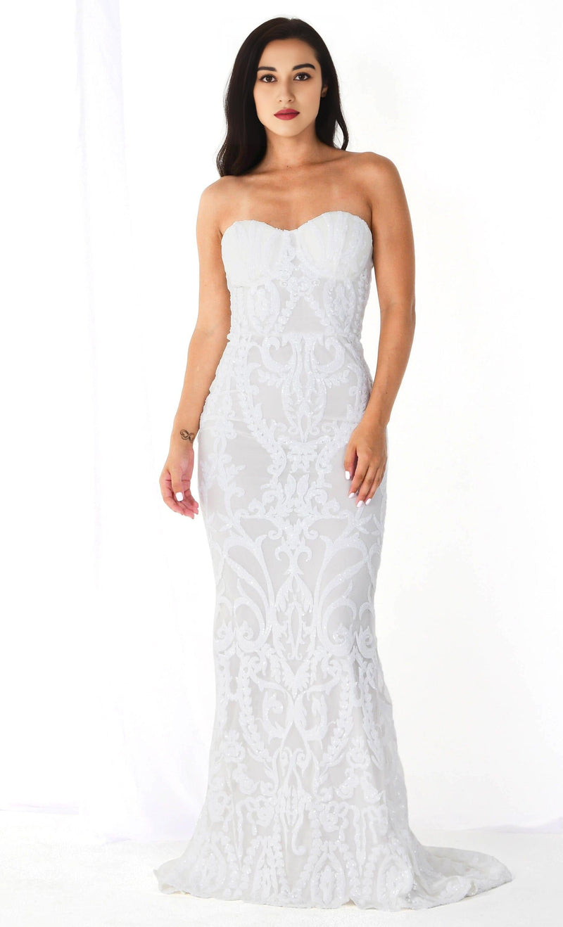 WHITE SEQUIN LACE STRAPLESS MAXI DRESS