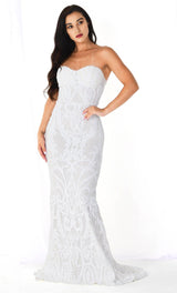 WHITE SEQUIN LACE STRAPLESS MAXI DRESS