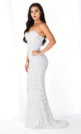 WHITE SEQUIN LACE STRAPLESS MAXI DRESS