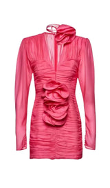 V NECK PINK RUCHED MINI DRESS