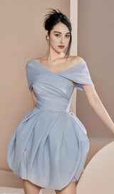 ONE SHOULDER RUCHED MINI DRESS IN GRAYISH-BLUE