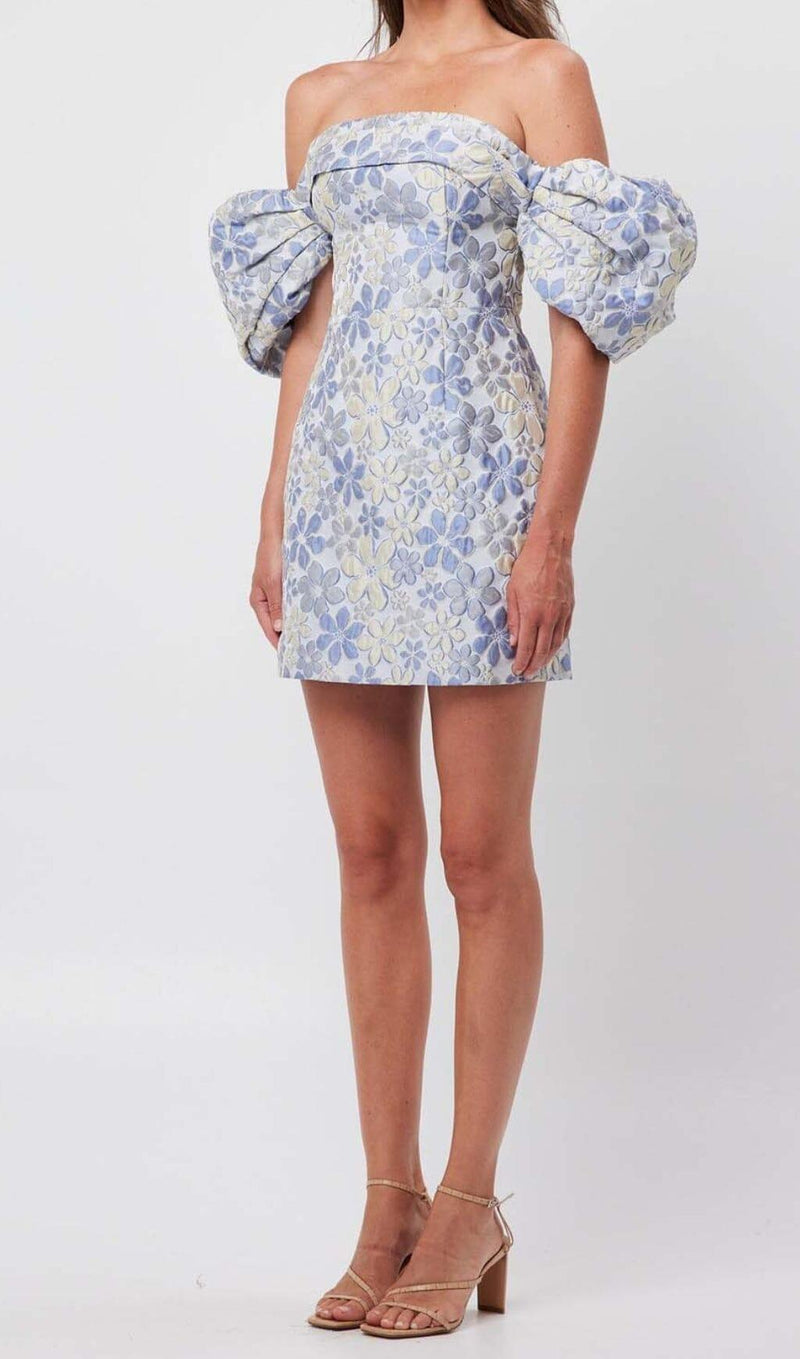 PUFF FLORAL PRINT MINI DRESS IN BLUE