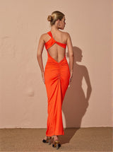 Emi One Shoulder Backless Maxi Dress In Orange